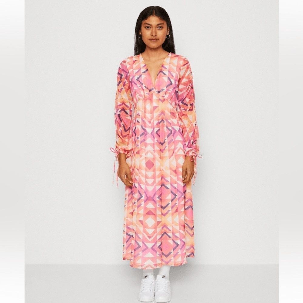 Never Fully Dressed Geometric MIDI Pink and Orange DRESS